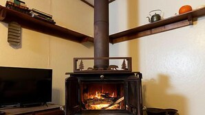 A cozy living room with a wood-burning stove, a television, and a patterned rug on the floor. - The Magnolia — A River-View Bungalow with Hot Tub (Pencil Bluff)