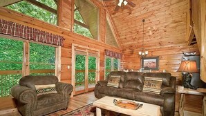 Interior de una cabaña de madera con sofá, sillón y mesa de centro.