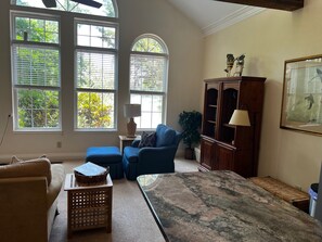 Smart-TV, DVD-spiller, bøker og stereoanlegg