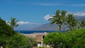 A coastal view with palm trees, a building with a balcony, and a clear sky. - Beautiful 2 Bedroom Oceanview Condo at Maui Kamaole The Perfect Maui Escape! (Kihei)