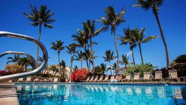 A poolside area with lounge chairs and palm trees. - Beautiful 2 Bedroom Oceanview Condo at Maui Kamaole The Perfect Maui Escape! (Kihei)