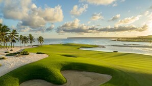 A golf course with sand bunkers, palm trees, and a view of the ocean.