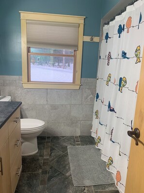 Bathroom features a window above the toilet, a shower curtain with a bird pattern, and a textured mat on the floor.