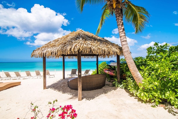 A beach with a thatched hut, lounge chairs, and a palm tree.