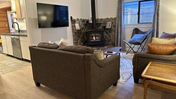 Smart TV, fireplace, DVD player, books