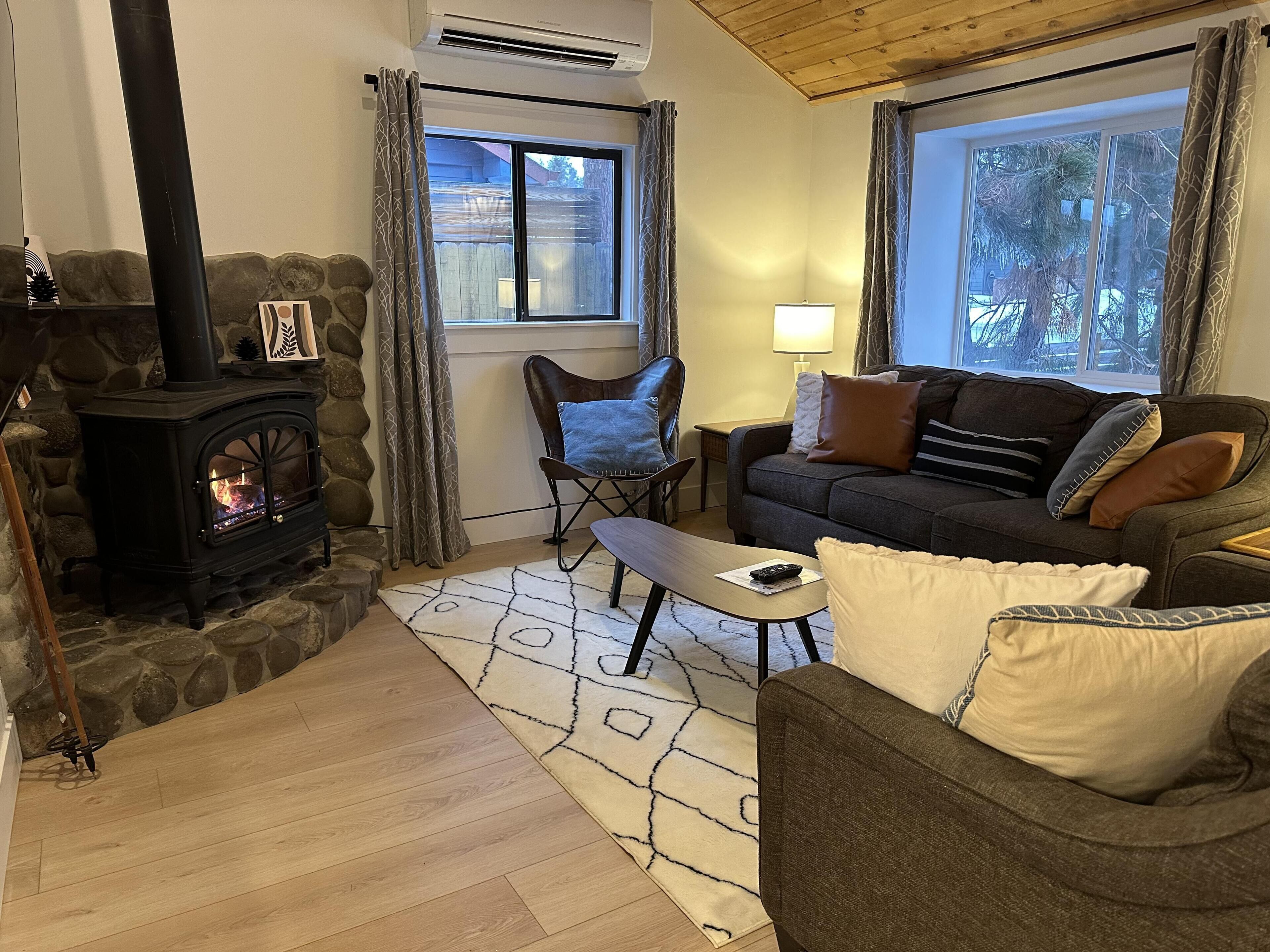 TV connectée, cheminée, lecteur de DVD, livres