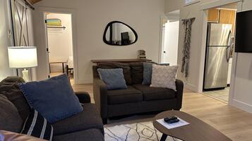 Smart TV, fireplace, DVD player, books