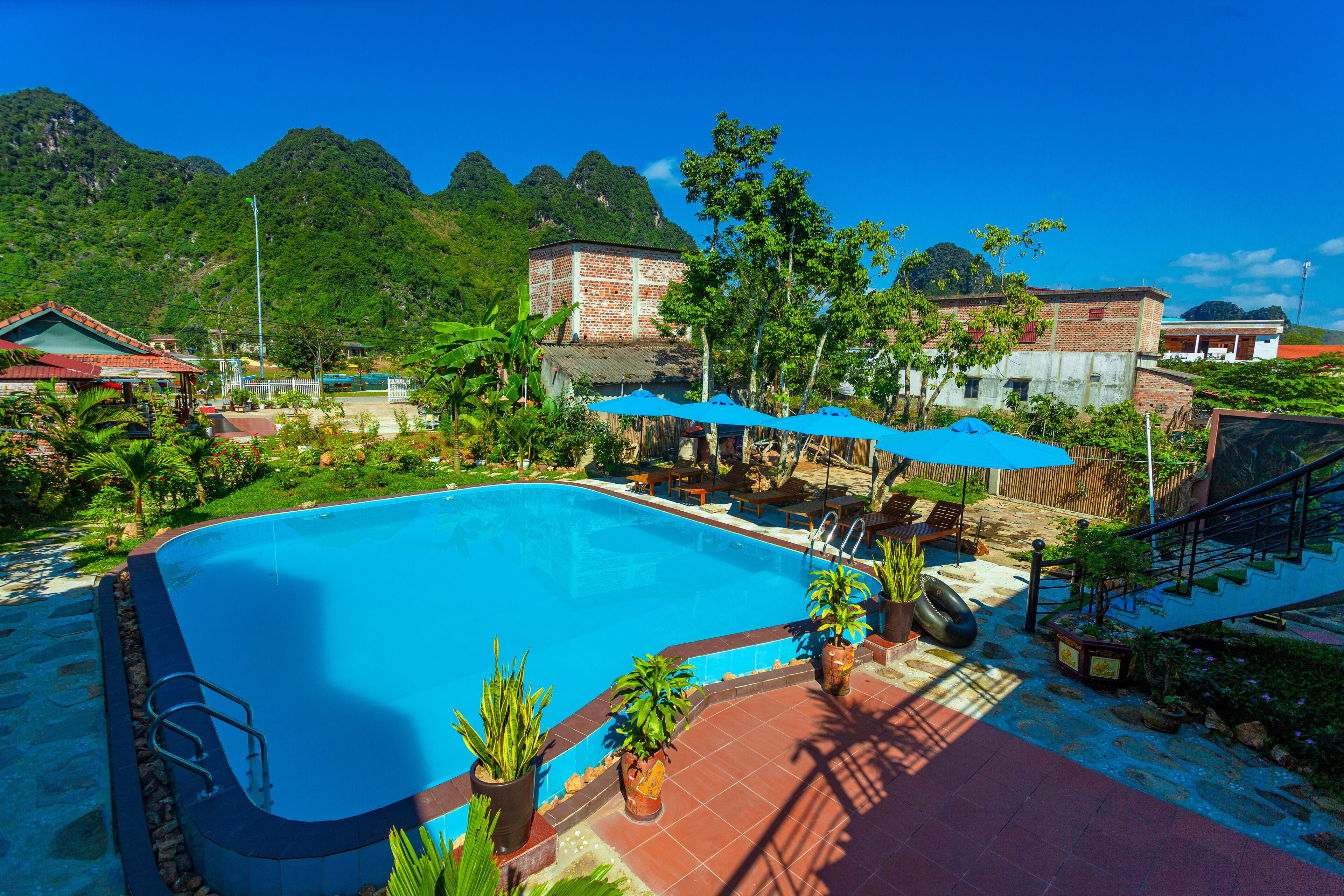 A swimming pool with a red border, surrounded by potted plants and outdoor furniture.