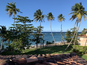 On the beach, sun loungers, beach towels