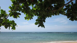 Une plage avec un ciel dégagé et une mer calme.