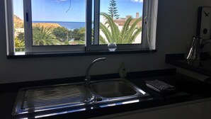 Una cocina con un lavabo, una ventana que ofrece vistas a palmeras y un edificio, y un reloj en la pared.