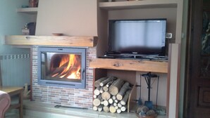 Pejs med et TV ophængt over, et bjælkebræt med brænde nedenunder, og en murstensvæg.