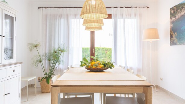 Un comedor con una mesa de madera, una lámpara colgante, una planta en maceta y vistas al exterior con vegetación.