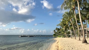 On the beach, sun loungers, beach towels
