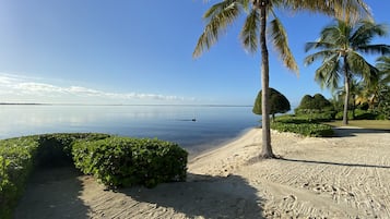 On the beach, sun-loungers, beach towels