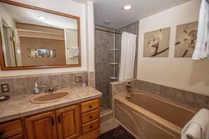 Combined shower/bathtub, hair dryer, towels