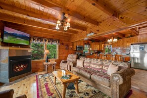 Smart TV, fireplace, video games, DVD player
