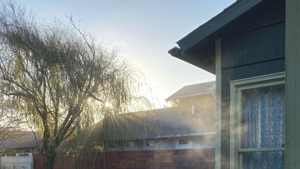 A hot tub in a backyard with a wooden deck, a covered picnic table, and a tree.