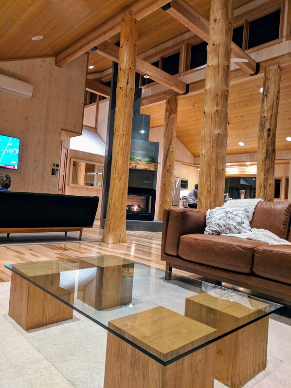 Televisión, chimenea, reproductor de DVD, mesa de ping pong