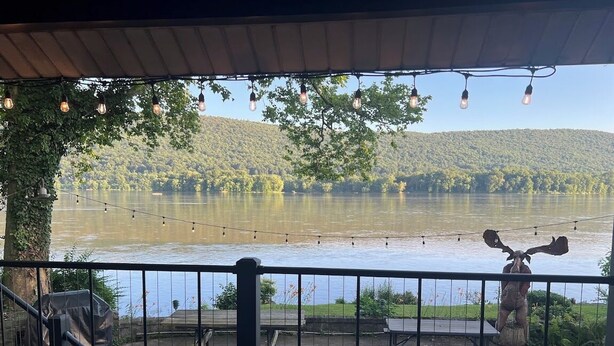 Una terraza con vista a un lago, rodeada de vegetación y una escultura de ciervo.