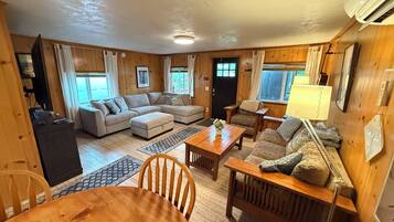 Smart TV, fireplace, video games, DVD player