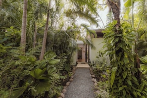 Un sentier menant à un bâtiment entouré d’une végétation tropicale luxuriante.