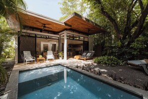 Une maison moderne dotée d’une piscine, d’un espace extérieur aménagé et d’une végétation luxuriante.