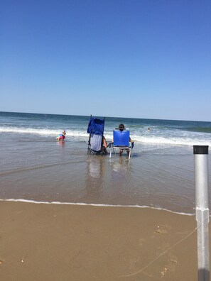 On the beach, sun-loungers, beach towels