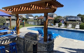 A backyard with a swimming pool, barbecue area, and outdoor seating.