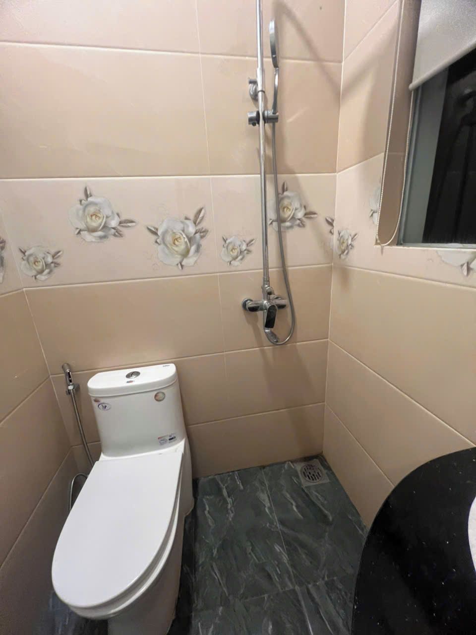 Ein kleines Badezimmer mit Toilette, Dusche und Waschbecken.