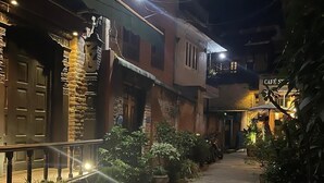 Un callejón estrecho con pavimento de piedra, macetas con plantas y edificios de arquitectura tradicional.