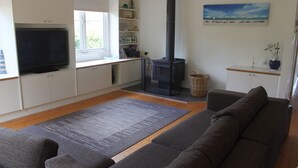 A living room with a sofa, a TV, a fireplace, and a window with a view of the outdoors.