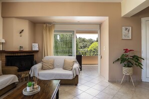 Een televisie, een open haard, boeken en een stereo