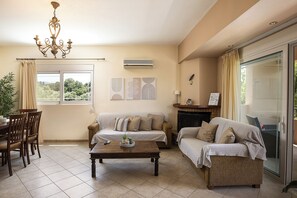 Een televisie, een open haard, boeken en een stereo