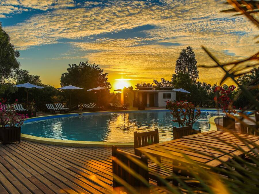 Outdoor pool, pool umbrellas, sun loungers