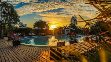 Outdoor pool, pool umbrellas, sun loungers