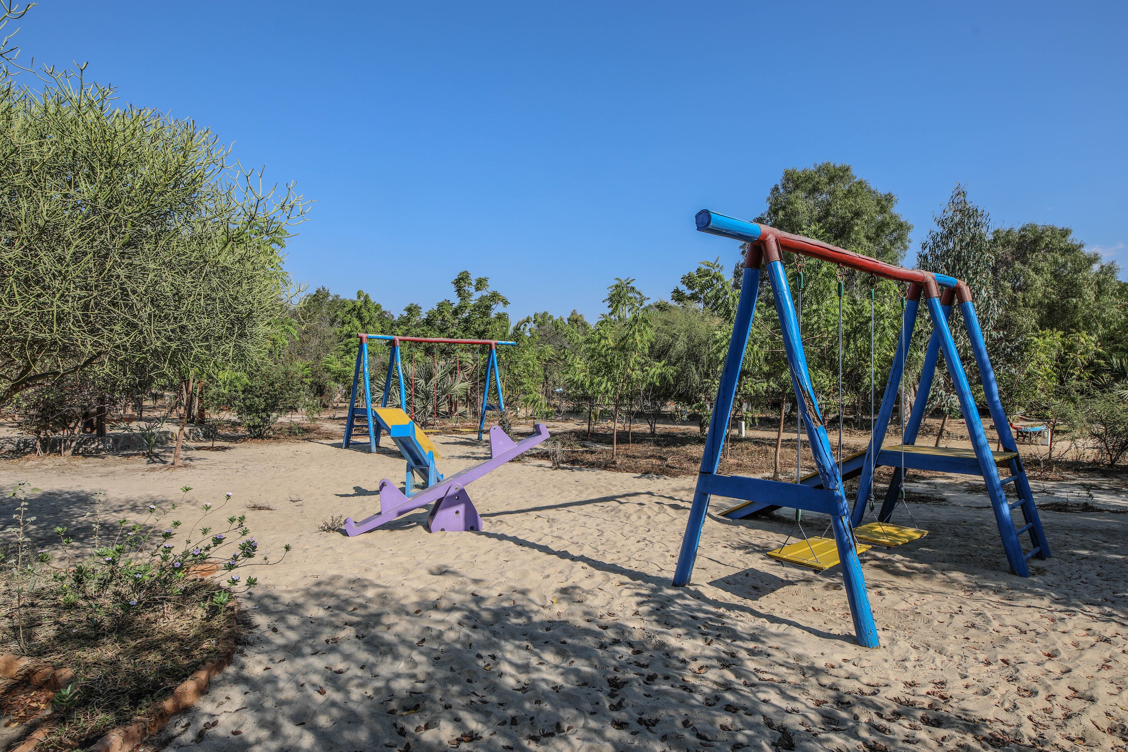 A playground with swings and seesaws.
