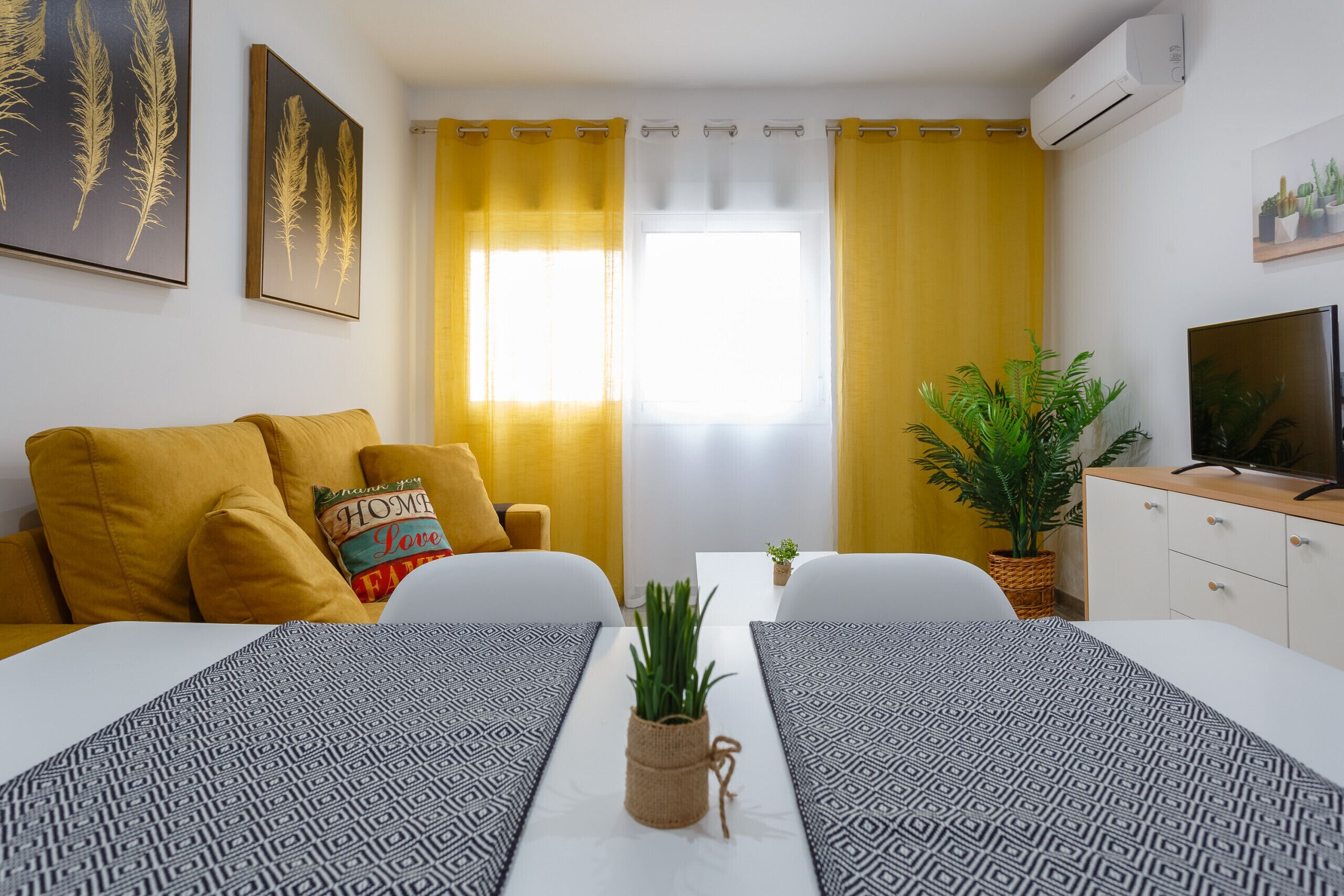 A modern hotel room with a bed, a sofa, a TV, and a potted plant.