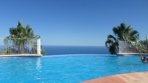 On peut admirer une piscine dont l’eau est d’un bleu éclatant, avec une vue sur l’océan, le tout entouré de palmiers et délimité par une clôture en métal.