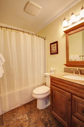 Combined shower/bathtub, hair dryer, towels