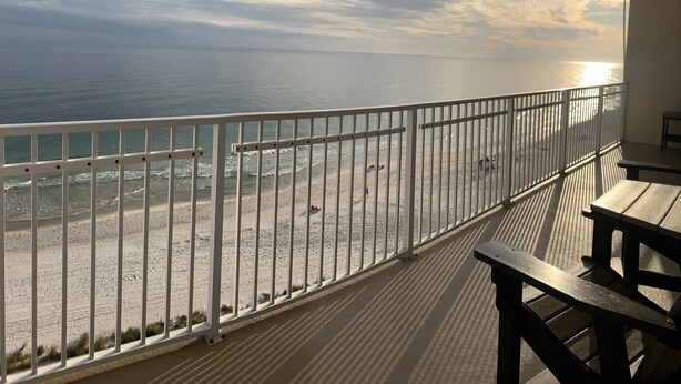 A balcony with a view of the beach and ocean. - Gulf Front! Wrap around Balcony Corner Unit, Perfect Gulf Views! CLEAN!   (Gulf Shores)