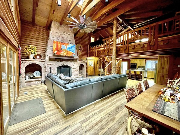 Smart TV, fireplace, books