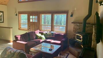 Smart TV, fireplace, books, stereo