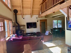 Smart TV, chimenea, libros y estéreo 