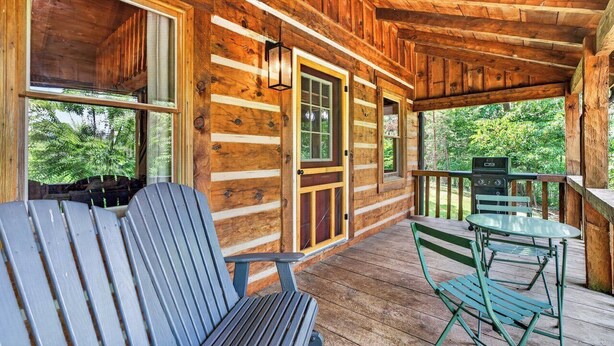 A wooden cabin with a porch, a grill, and seating. - Falling Leaf Cabin Rustic Charm With Modern Decor! High Speed Internet!  (Rileyville)