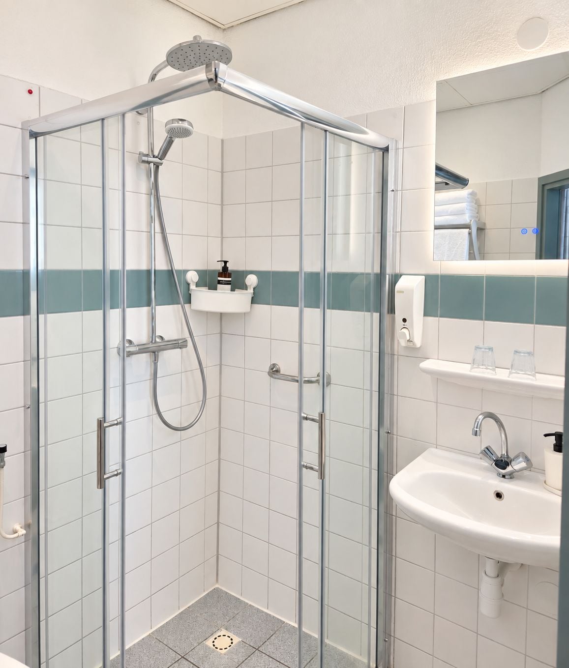 Een douche met glazen wand, een handdouche en een wandmengkraan.