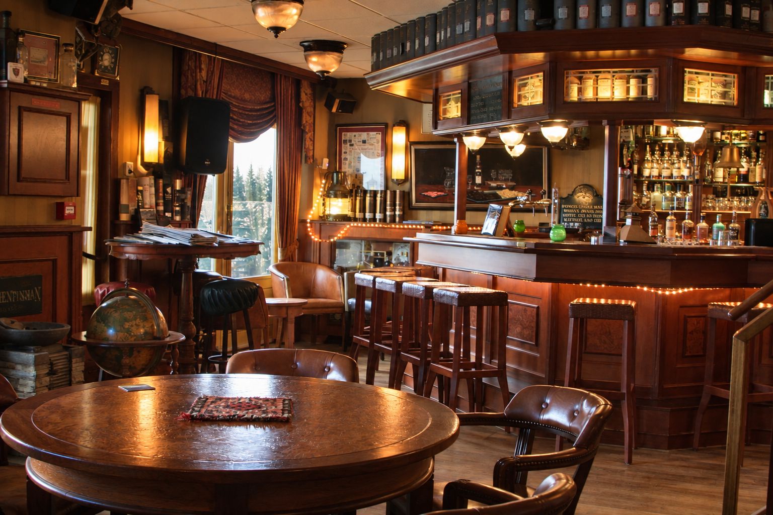 A bar area with wooden furniture, a bar counter, and a variety of bottles.