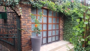 A brick wall with a large window, a potted plant, and a metal gate. - 8 Soenie Avenue Self Catering (Akasia)