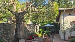 Un patio con un árbol, plantas en macetas, un muro de ladrillo y un edificio con techo de tejas.