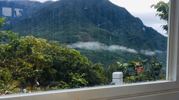 Una mesa de desayuno con diversos platos y una taza de café, con vistas a un paisaje montañoso.